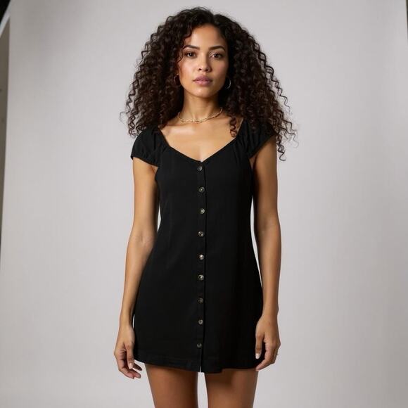 NWT American Eagle Linen Blend Button Front Mini Dress Black Puff Sleeve Sz M - Picture 1 of 12
